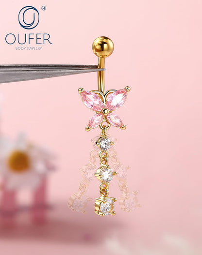 OUFER 5x Bauchnabelpiercings baumelnd – 14G Chirurgischer Stahl Bauchnabelpiercing, Hypoallergener Bauchnabelring mit Zirkonia Schmetterling Blume Tropfen Langhantel für Strand, Festival, Fitnessstudio