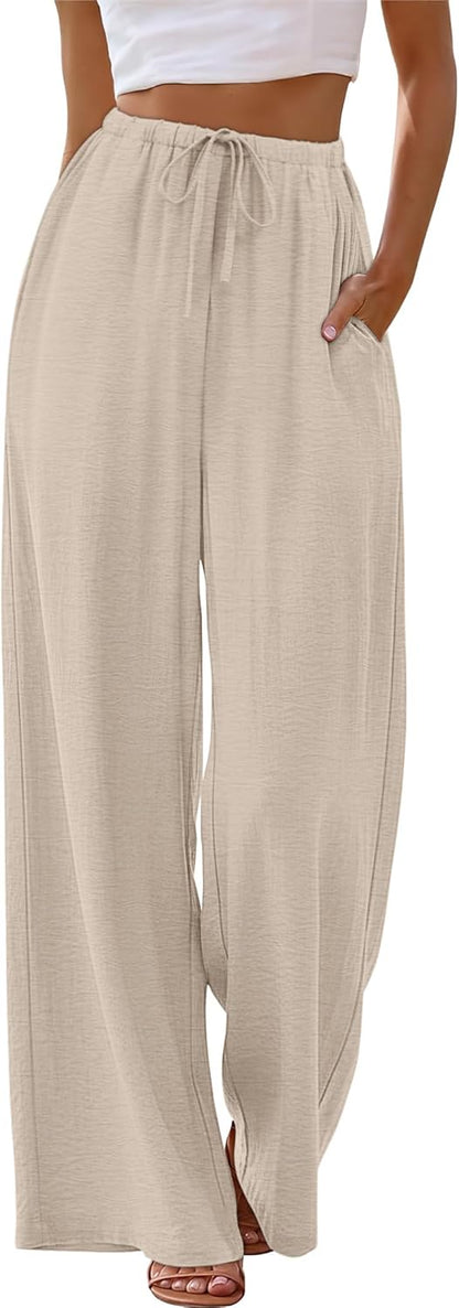 Sampeel Linen Pants Women Wide Leg Palazzo Pants Flowy Beach Vacation Clothes