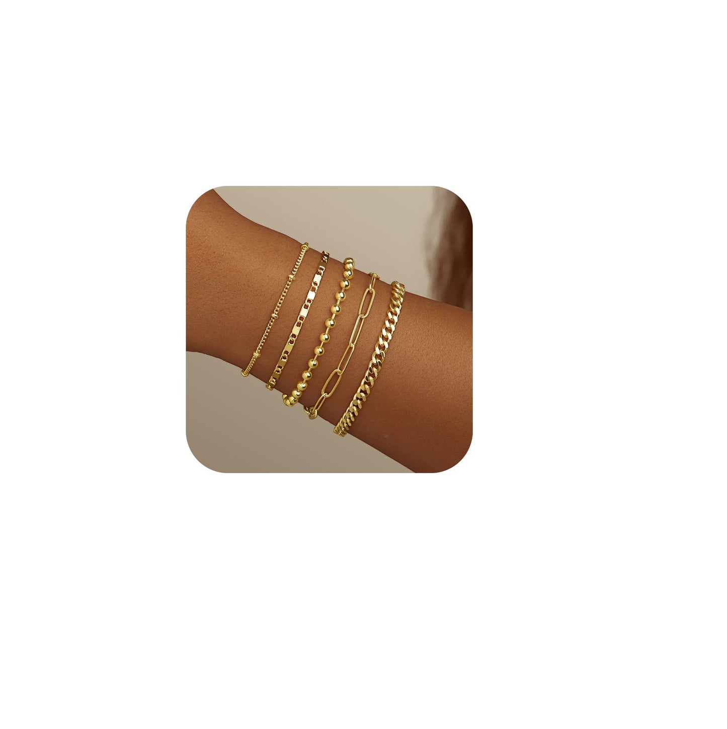 Goldarmbänder für Frauen Stapel Nicht Anlaufen, 14K Vergoldete Stapelbare Armbänder Set für Frauen Trendy, Wasserdicht Einfacher Schmuck Sets Geschenke Inklusive Perlen-/Kuban-/Büroklammer-/Fischgräten-/Seilglieder-Kette, Modeaccessoires