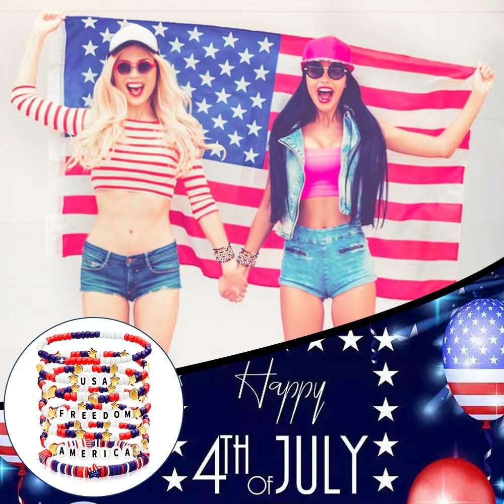 250 Anniversary USA Merchandise 4th of July Outfits for Women Men Teens Red White Blue Clay Beaded Stretch Bracelets USA Patriotic Jewelry 4th of July Accessories