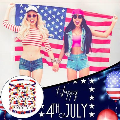 250 Anniversary USA Merchandise 4th of July Outfits for Women Men Teens Red White Blue Clay Beaded Stretch Bracelets USA Patriotic Jewelry 4th of July Accessories