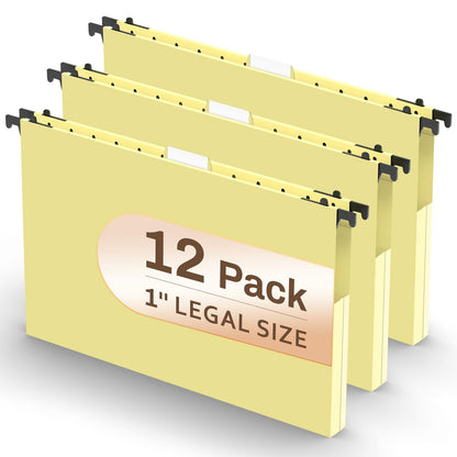 Extra Capacity Plastic Hanging File Folder, 12 Pack Reinforced Hang Folders Legal Size, Heavy Duty 1 Inch Expansion Filing Cabinet Folders, for Bulk Files, Medical Charts, Cream Yellow