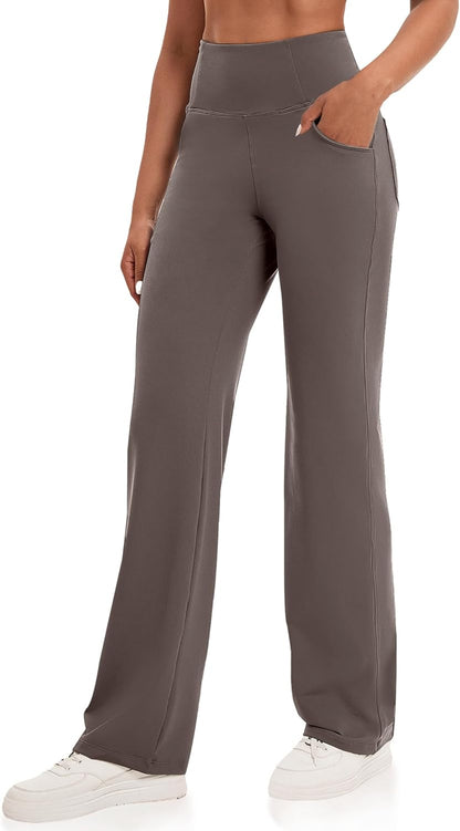 VOOVEEYA Yogahosen für Damen mit Taschen, gerade geschnittene Hose mit weitem Bein, hochtaillierte Business-Hose, petite/regulär//lang