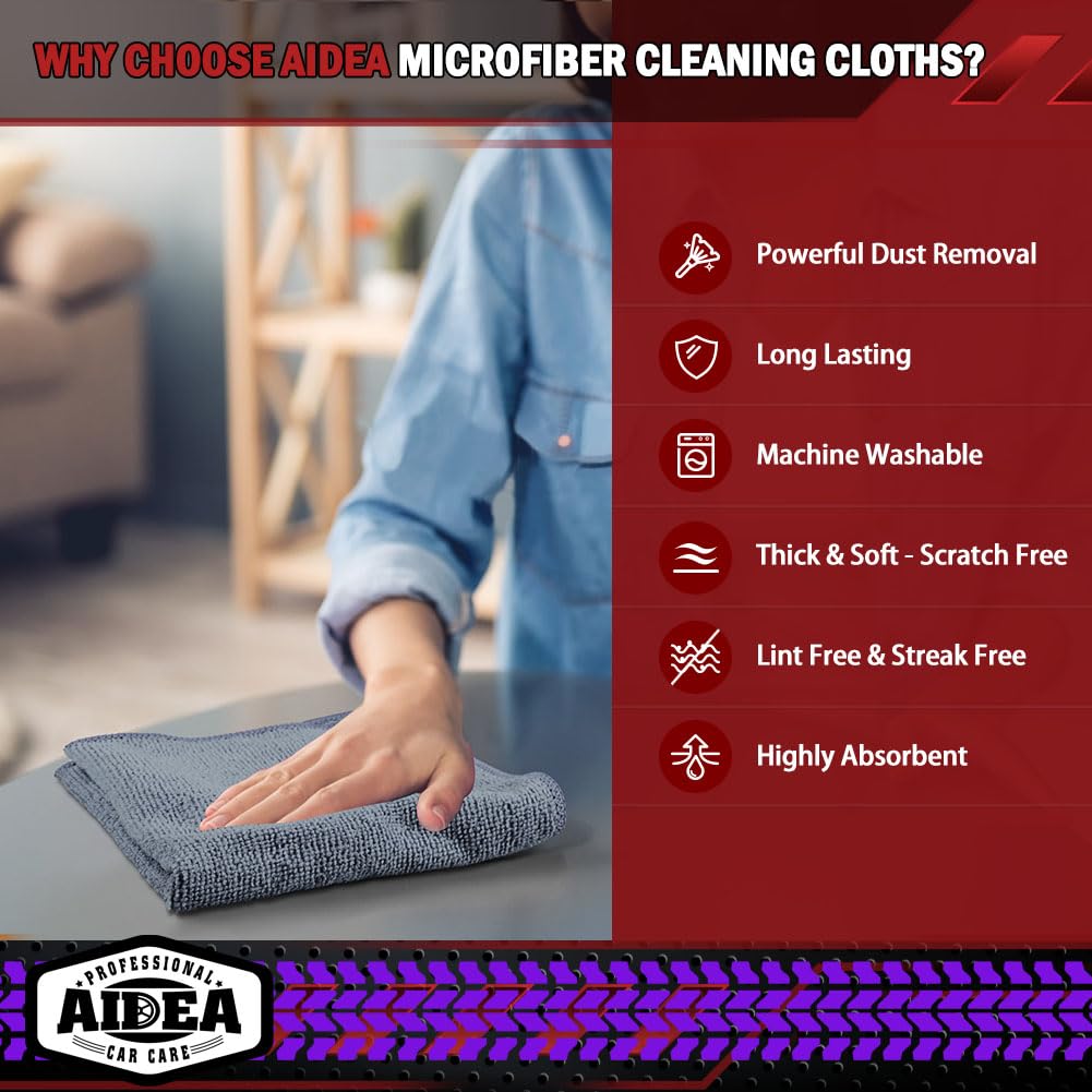 AIDEA Microfiber Cleaning Cloths-50PK, Microfiber Towels for Cars, Premium All-Purpose Car Cloth, Dusting Cleaning Rags, Absorbent Towels for SUVs, House, Kitchen, Window, Gift-12×12"