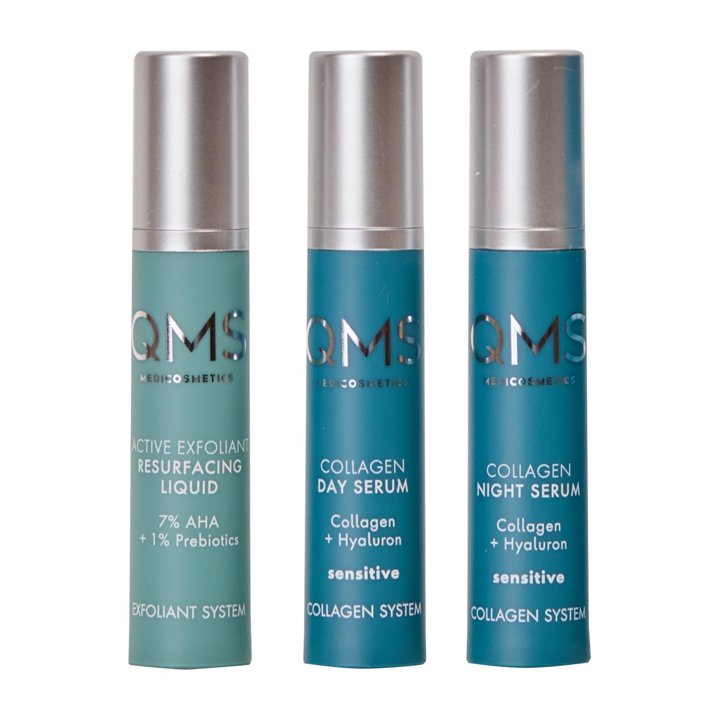 QMS Medicosmetics Day + Night 3-Step Core Routine – Includes Collagen Day Serum, Collagen Night Serum + 10% AHA Exfoliant Resurfacing Liquid – Diminishes Lines + Wrinkles + Reduces Signs of Aging