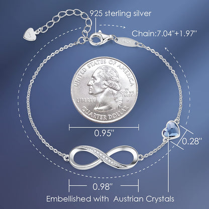 CDE Valentinstagsgeschenk Infinity Herz Geburtsstein Charm Gliederarmband für Damen 925 Sterling Silber Verstellbares Muttertags- Weihnachtsgeschenk Jubiläums- Geburtstags-Schmuck für Ehefrau Freundin Sie