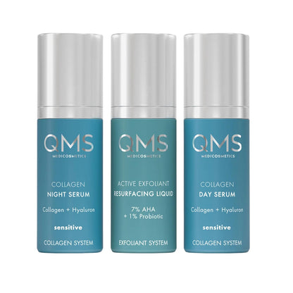 QMS Medicosmetics Day + Night 3-Step Core Routine – Includes Collagen Day Serum, Collagen Night Serum + 10% AHA Exfoliant Resurfacing Liquid – Diminishes Lines + Wrinkles + Reduces Signs of Aging