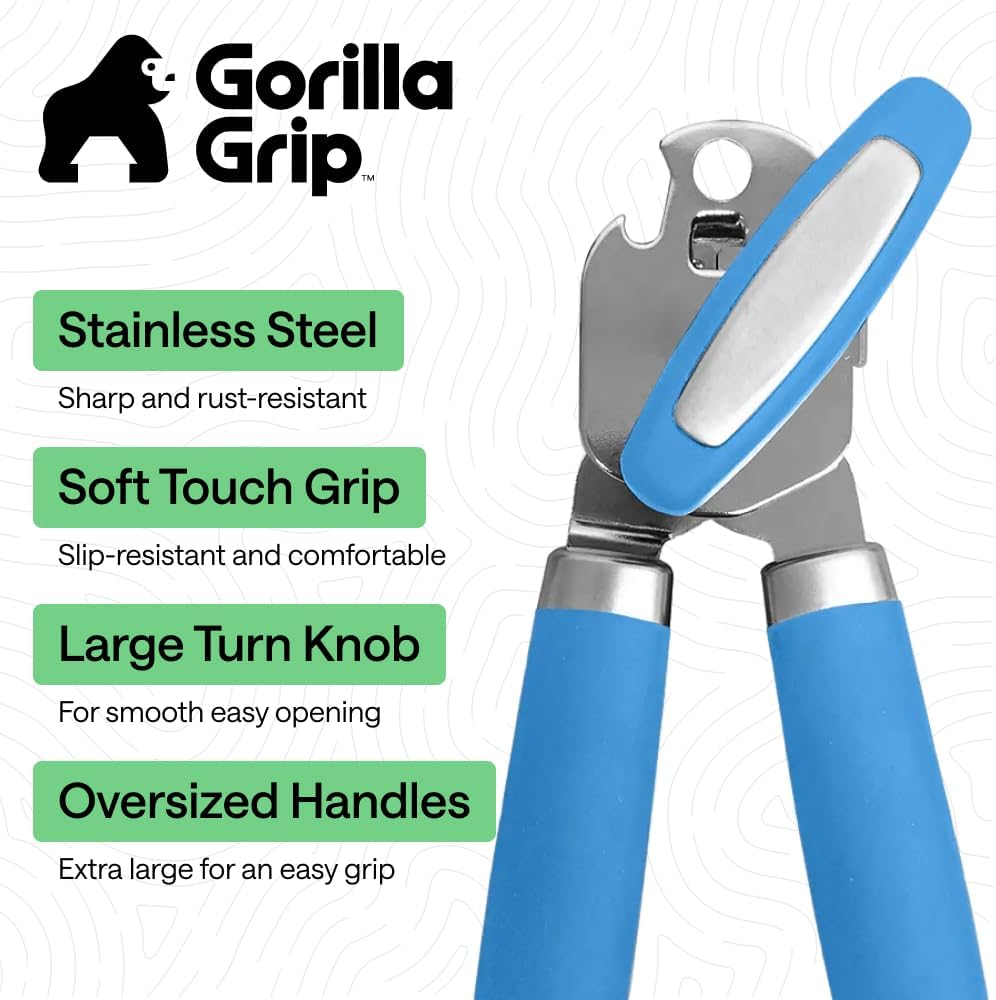 GORILLA GRIP Robuster manueller Dosenöffner, Flaschenöffner aus Edelstahl, öffnet Dosen mühelos, scharfe Klinge mit glattem Schnitt, leicht drehbarer Knopf für Senioren mit Arthritis, Küchenhelfer, Schwarz