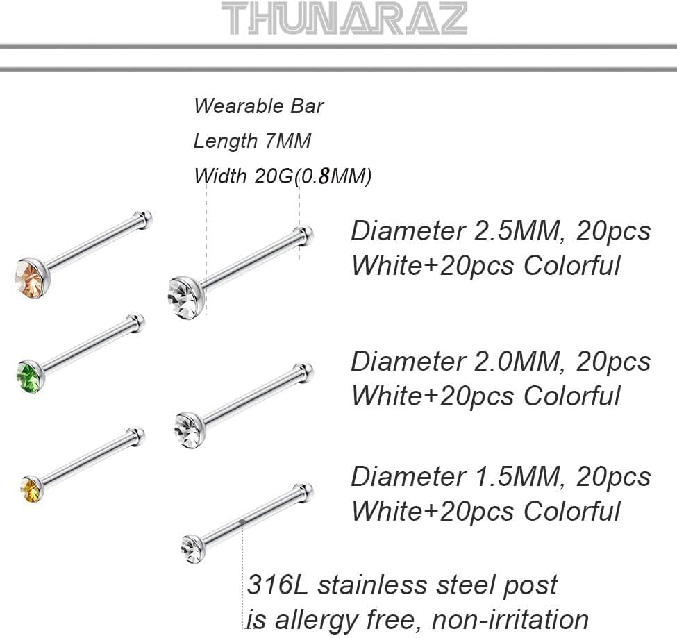 Thunaraz 60-120 Stück Edelstahl Nasenpiercing Ringe Stecker Körperschmuck 20G-22G 1.5mm 2mm 2.5mm