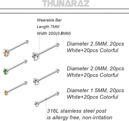 Thunaraz 60-120 Stück Edelstahl Nasenpiercing Ringe Stecker Körperschmuck 20G-22G 1.5mm 2mm 2.5mm