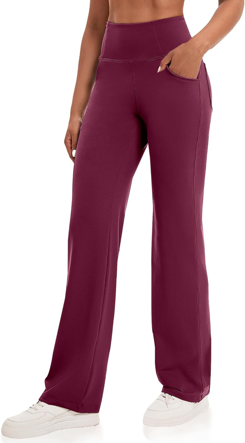 VOOVEEYA Yogahosen für Damen mit Taschen, gerade geschnittene Hose mit weitem Bein, hochtaillierte Business-Hose, petite/regulär//lang