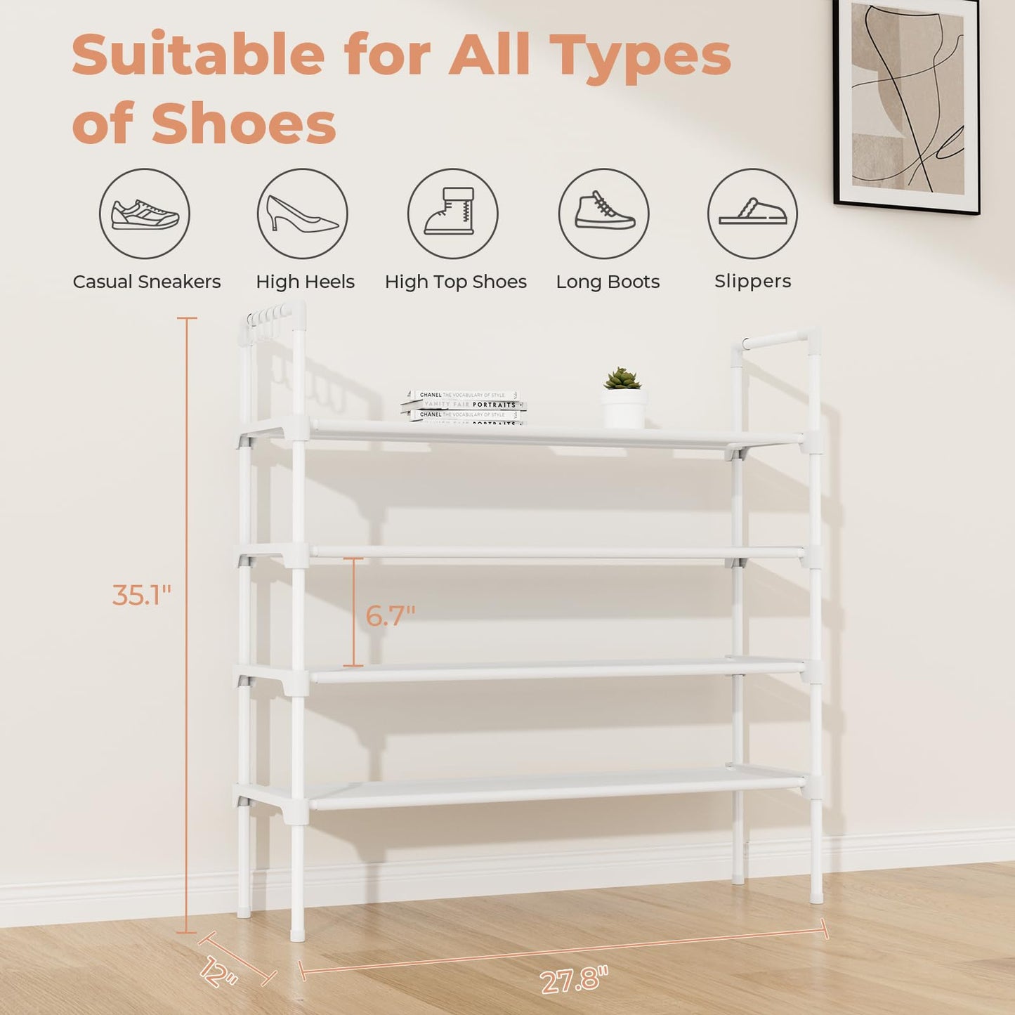 LANTEFUL 3 Tier Shoe Rack for Closet, Shoe Organizer with 5 Hooks, Long Shoe Shelf Storage for Sneaker and Boot Stackable Free Standing Shoe Rack for Entryway, Garage, Small Spaces, Dorm