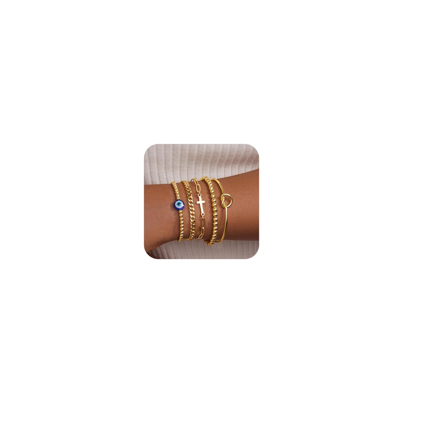 Goldarmbänder für Frauen Stapel Nicht Anlaufen, 14K Vergoldete Stapelbare Armbänder Set für Frauen Trendy, Wasserdicht Einfacher Schmuck Sets Geschenke Inklusive Perlen-/Kuban-/Büroklammer-/Fischgräten-/Seilglieder-Kette, Modeaccessoires