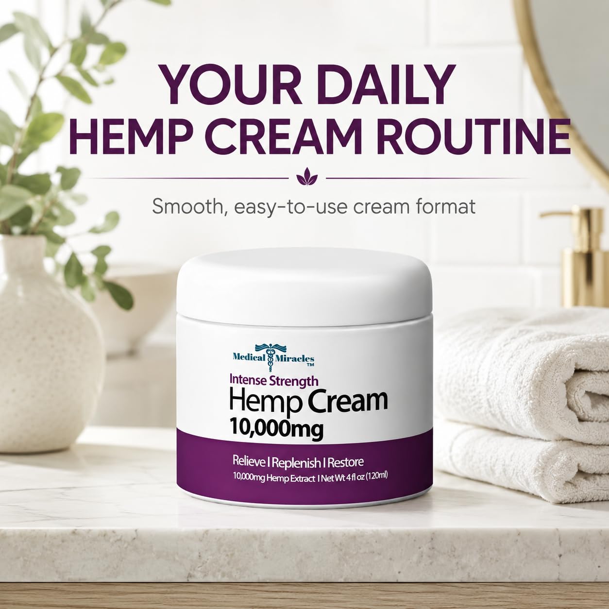 Medical Miracles 10,000mg Hemp Cream - High Potency Topical Formula - 4oz (120ml) Jar - Fast-Absorbing & Non-Greasy Moisturizing Cream with Natural Botanicals