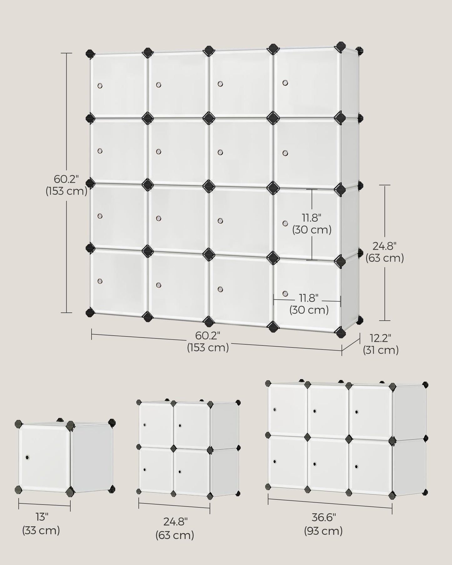 SONGMICS Cube Storage Organizer, Set of 16 Plastic Cubes, Closet Organizers and Storage, Room Organization, Bedroom Living Room, 12.2 x 48.4 x 48.4 Inches, Rustic Brown ULPC442A01