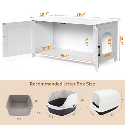Homhedy Cat Litter Box Enclosure, Wooden Cat Washroom Furniture with Barn Door, Pet House, Fit Most of Litter Box, White