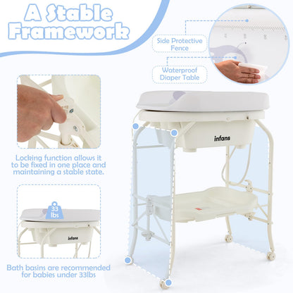 INFANS 2 in 1 Baby Changing Table with Bath Tub Unit, Folding Diaper Dresser Station with Wheels Waterproof Pad Storage Rack, Portable Nursery Organizer Stand for Newborn Infant