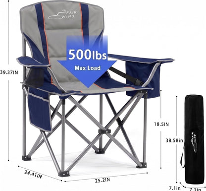 FAIR WIND Padded Camping Chair 500LBS Capacity Heavy Duty Oversized Folding Chair for Heavy People Portable Lawn Chair with Adjustable Lumbar Support, Cooler Bag & Cup Holder for Outdoor, Beach