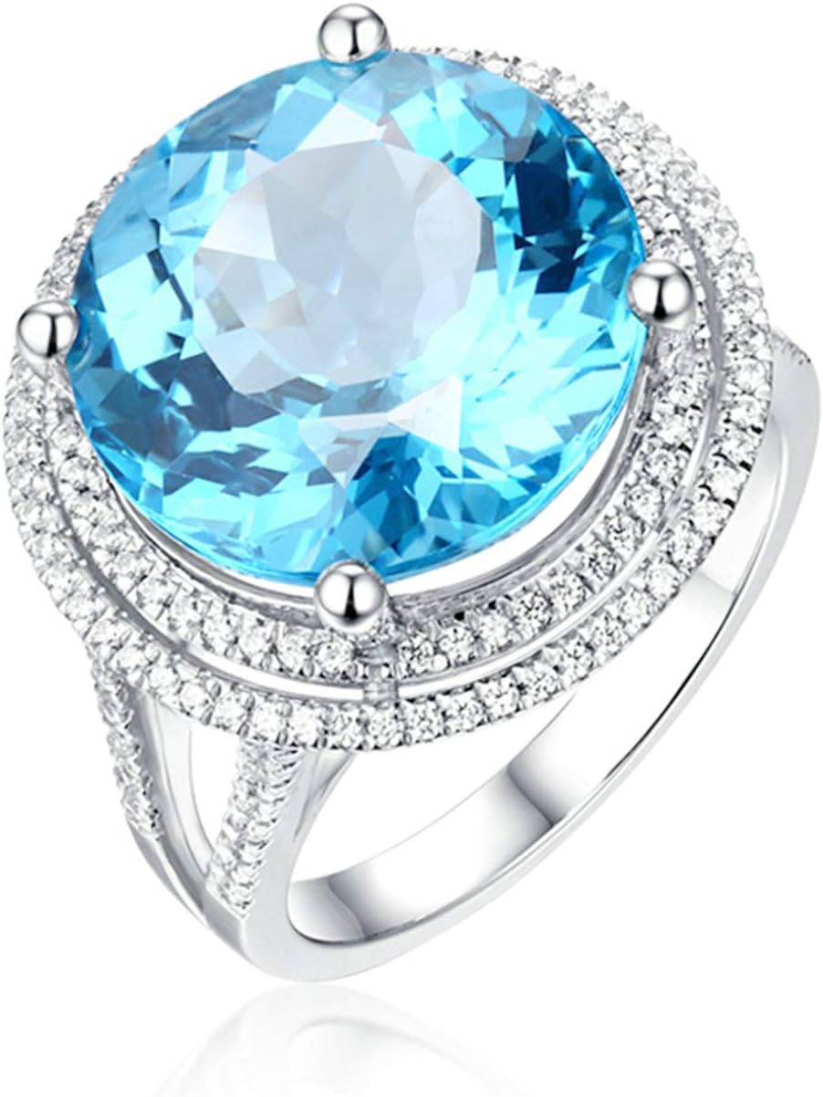 Aienid 18Ct White Gold Wedding Rings for Women Round Brilliant 12Ct Big Blue Topaz Wedding Rings for Women