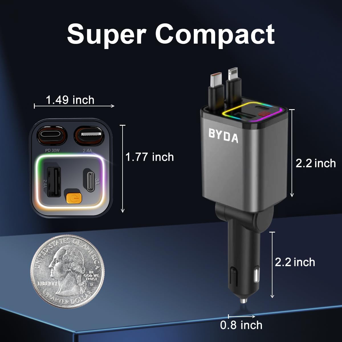4-in-1 einziehbarer Auto-Ladegerät mit Sternenlicht, 69W USB-C Schnell-Ladegerät, für iPhone 17/16/15/14/13/12/11, Android, Pixel, Zigarettenanzünder-Ladegerät (Lightning+USB-C (Regular))