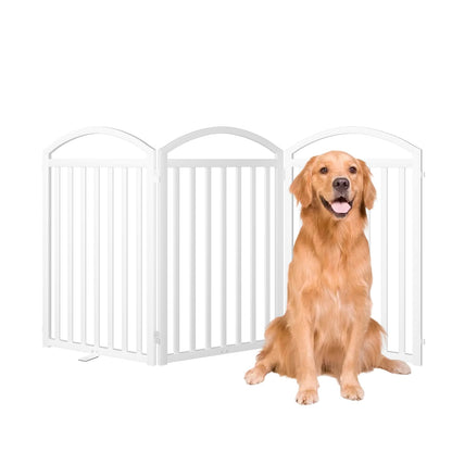 SNUOWU 4 Panels Full Matel Freestanding Dog Gates with Door, 96"Extra Wide 36"Tall Free Standing Dog Pet Gate for Indoor & Outdoor. Foldable Pet Fences for Doorways, House, Stairs, Porch, Deck, Yard