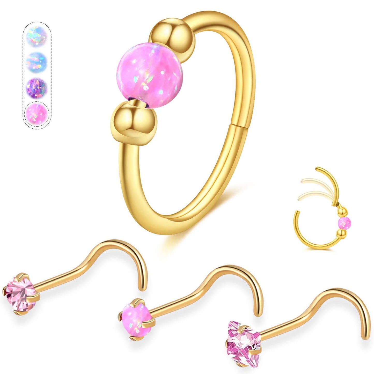 Opal Nose Ring Studs Horseshoe Nose Rings Hoops Stud 316L Stainless Steel Nose Rings Round CZ Square Screw L Shaped Nose Stud Hypoallergenic Nostril Piercing Jewelry for Women Men