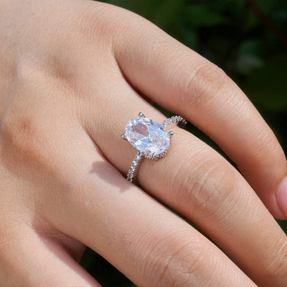 Oval Cubic Zirconia Engagement Rings for Women - 18K White Gold Plated CZ Engagement Ring 4 Claw Wedding Rings for Women Girl Trendy Engagement Ring for Women Hidden Halo Promise Ring Size 8