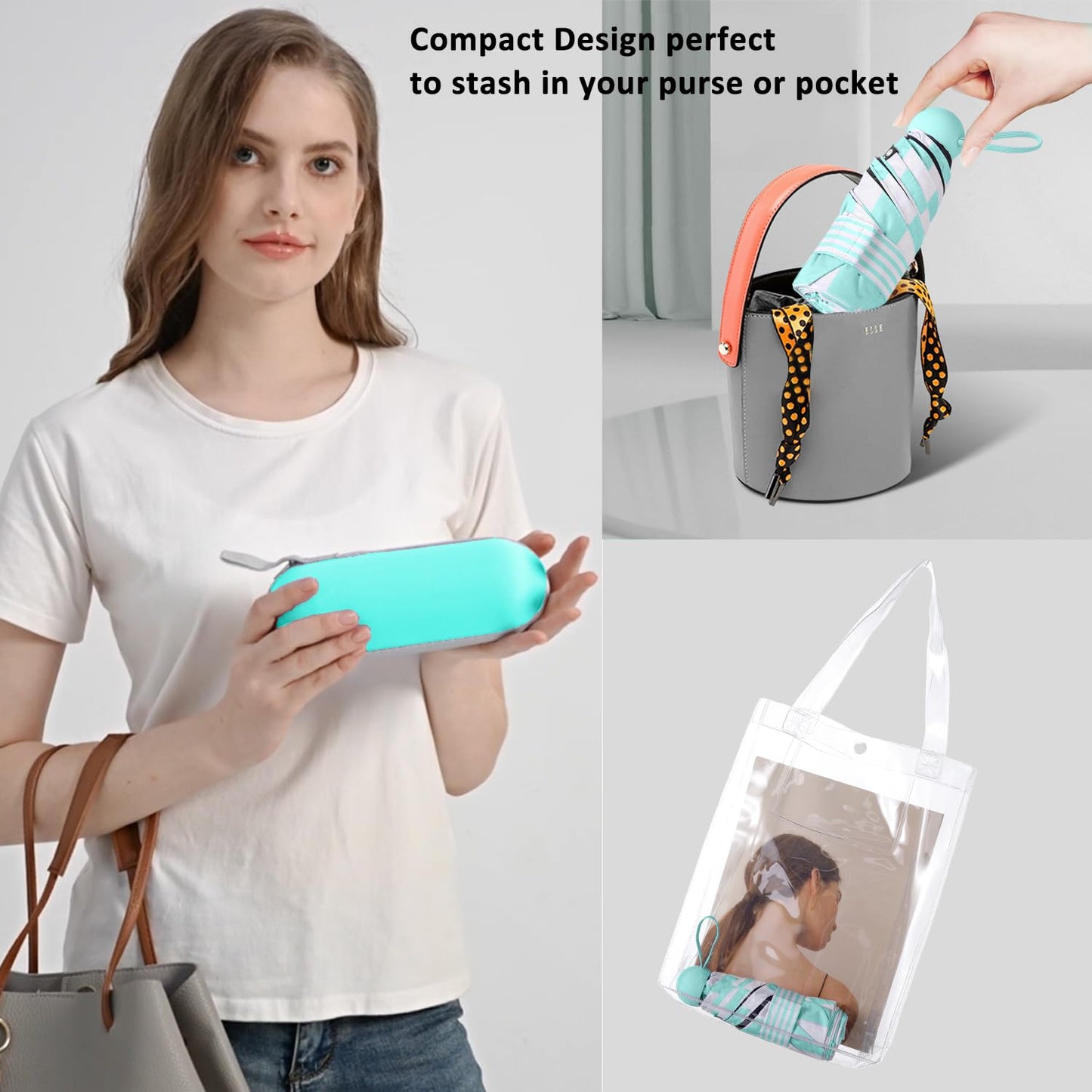 BAODINI Reiseutensilien Mini-Regenschirm für die Handtasche mit Etui Klein Kompakt UV-Sonnenschutz Leicht Winzig Tasche Manuelles Öffnen und Schließen Regenschirm für Damen, Kinder und Herren Passt in Handtasche Rucksack