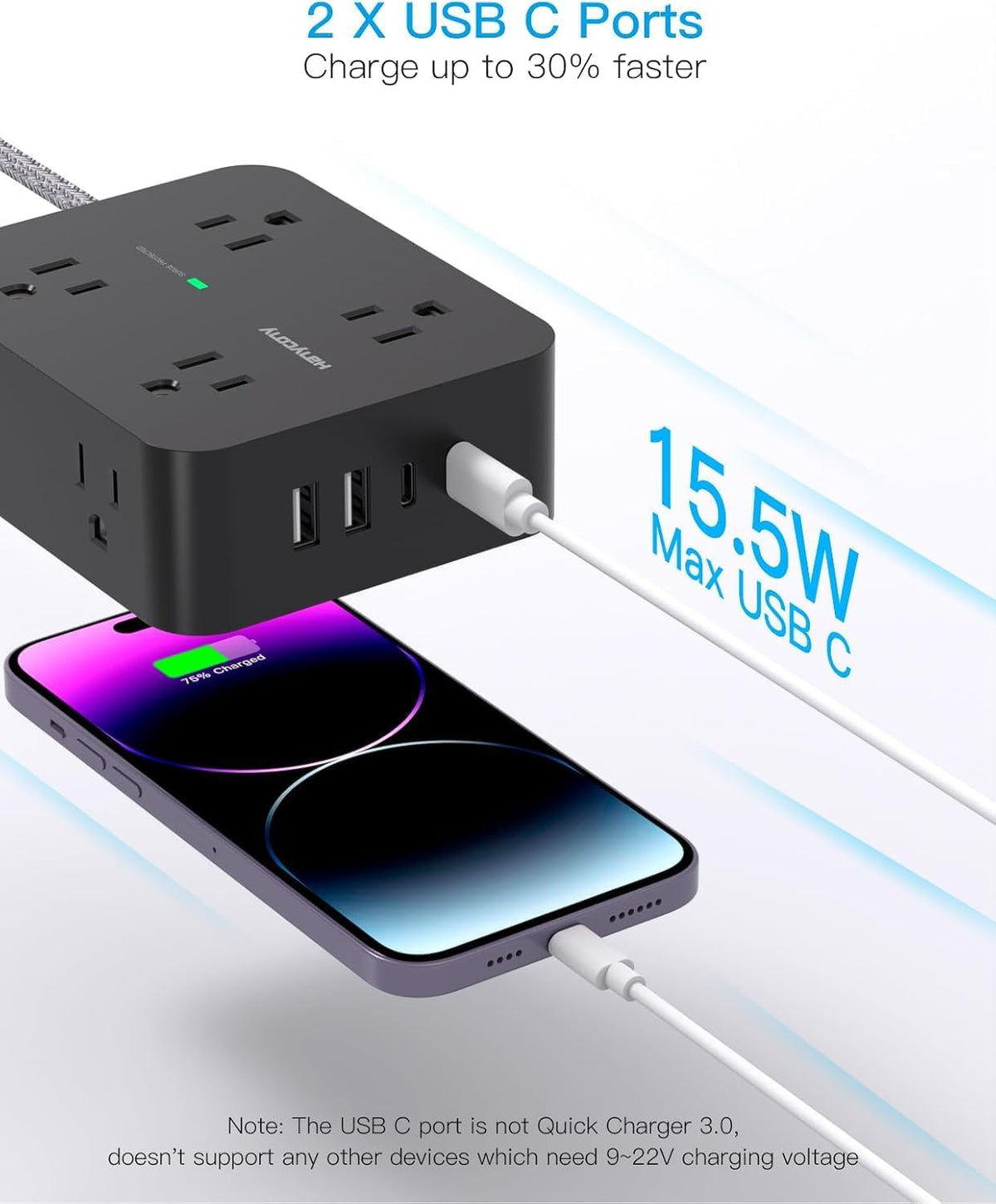 Surge Protector Power Bar - 8 Outlets 4 USB Charging Ports(2 USB C), Power Strip with 5Ft Braided Extension Cord, Flat Plug, Wall Mount Desk USB C Charging Station for Home Office College Essentials