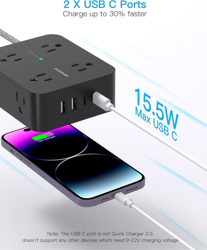 Surge Protector Power Bar - 8 Outlets 4 USB Charging Ports(2 USB C), Power Strip with 5Ft Braided Extension Cord, Flat Plug, Wall Mount Desk USB C Charging Station for Home Office College Essentials