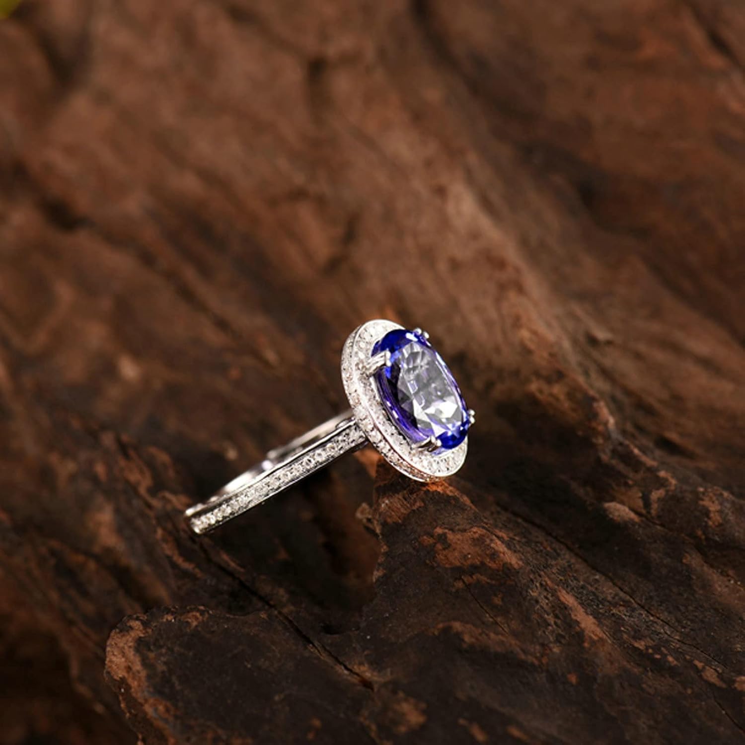 18K White Gold Ring 3.2ct Oval Shape Tanzanite with 0.73ct Diamond Wedding Band for Girls