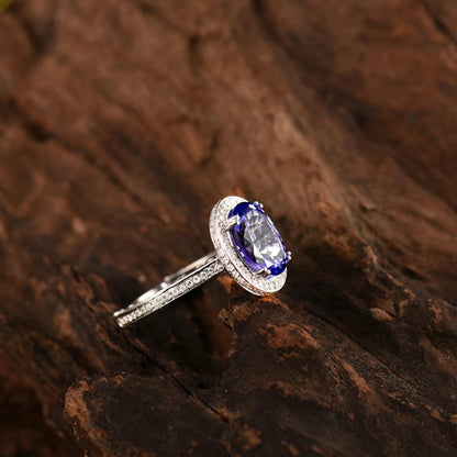 18K White Gold Ring 3.2ct Oval Shape Tanzanite with 0.73ct Diamond Wedding Band for Girls