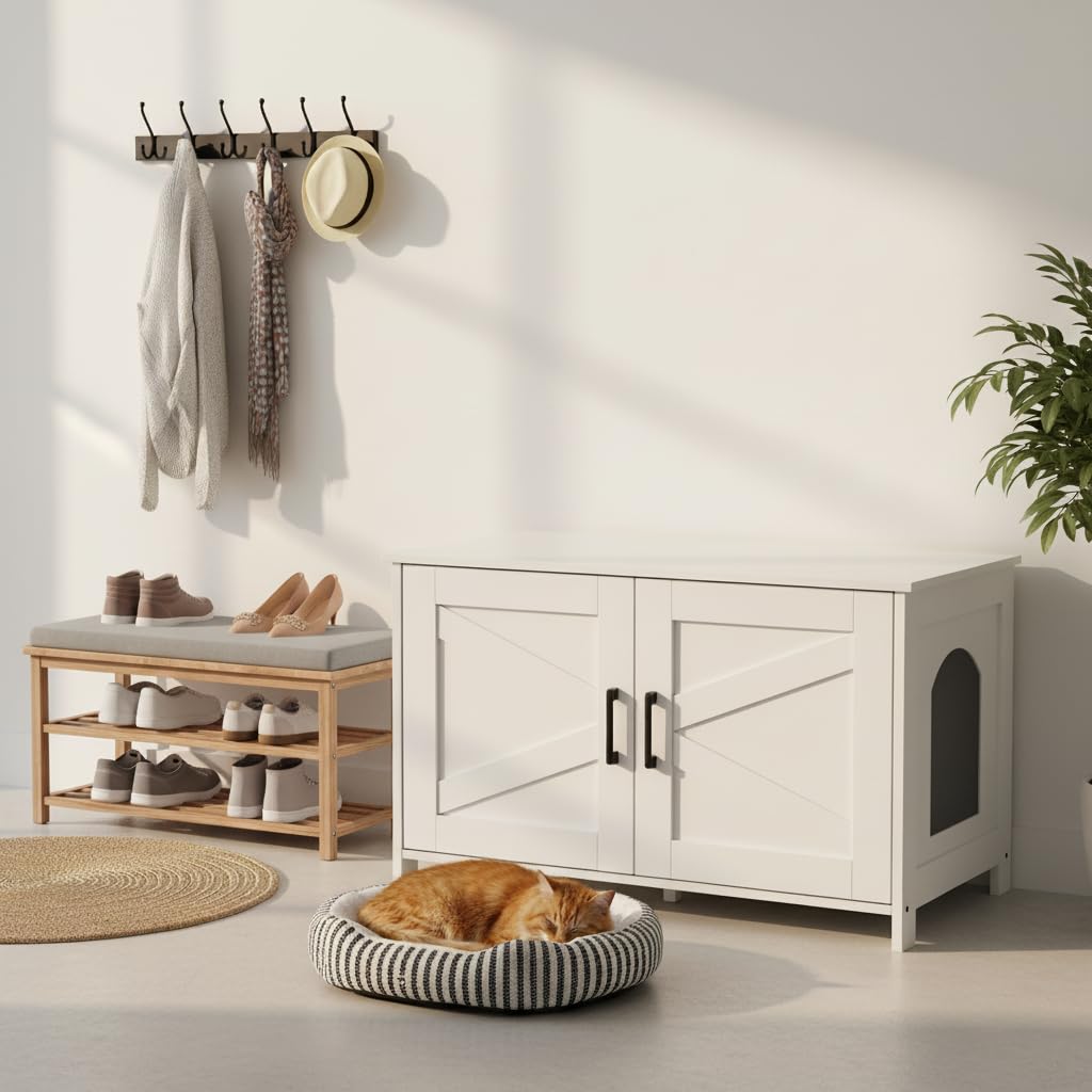 Homhedy Cat Litter Box Enclosure, Wooden Cat Washroom Furniture with Barn Door, Pet House, Fit Most of Litter Box, White