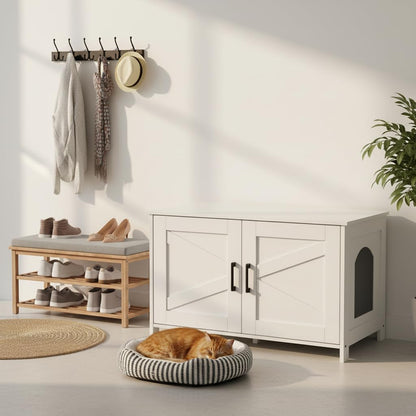 Homhedy Cat Litter Box Enclosure, Wooden Cat Washroom Furniture with Barn Door, Pet House, Fit Most of Litter Box, White