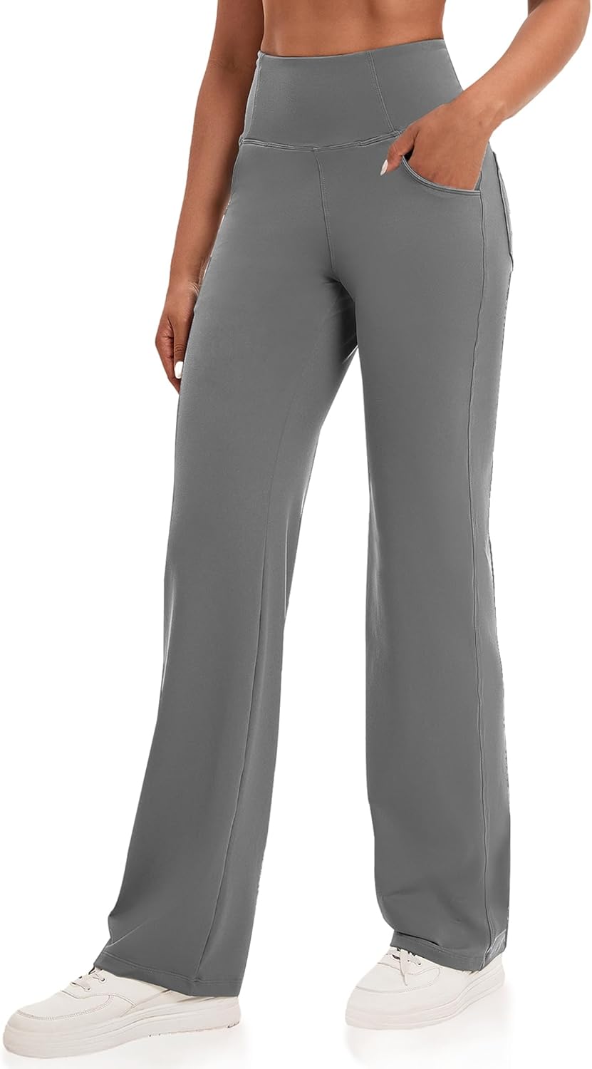VOOVEEYA Yogahosen für Damen mit Taschen, gerade geschnittene Hose mit weitem Bein, hochtaillierte Business-Hose, petite/regulär//lang