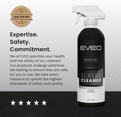 EVEO® Bildschirmreiniger Spray Set (Streifenfrei) TV Bildschirmreiniger für Smart TV, LCD, LED, OLED | Computer Bildschirmreiniger Spray und Mikrofasertuch - TV, Monitor, Laptop, iPad, Auto - 200ml 1er Pack
