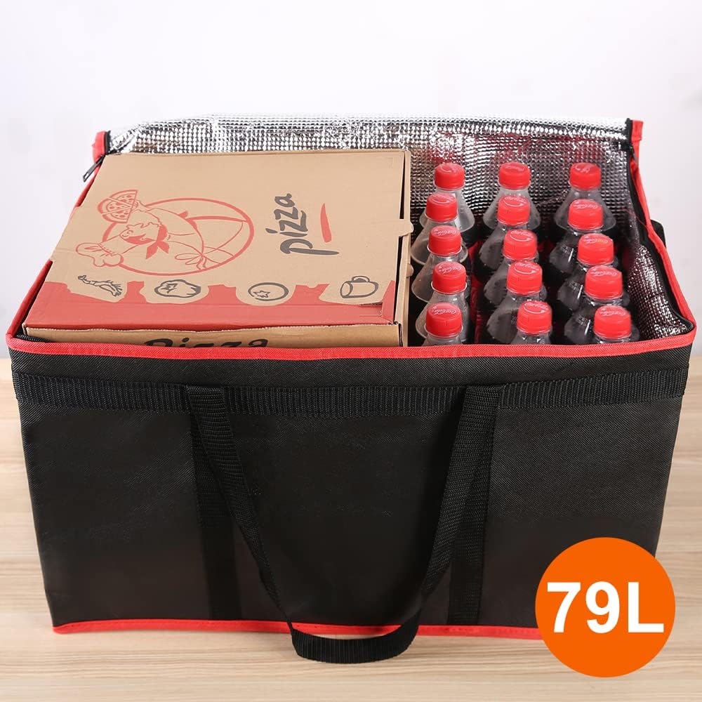 Bodaon Isolierte Essensliefertasche - Warm- & Kalthaltetransporttasche, Catering/Doordash Pizzawärmer, Einkaufstasche, Kühltasche für Partys (Schwarz-Rot, 1 St.), Ideal für den Transport warmer Speisen