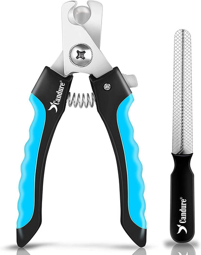 Candure Dog Nail Clippers and Trimmer with Safety Guard to Avoid Over-Cutting Toe Nails- Professional Grooming Razor Edge Blades Pet Nail Clipper with Free Nail File for Small Medium Large Breeds