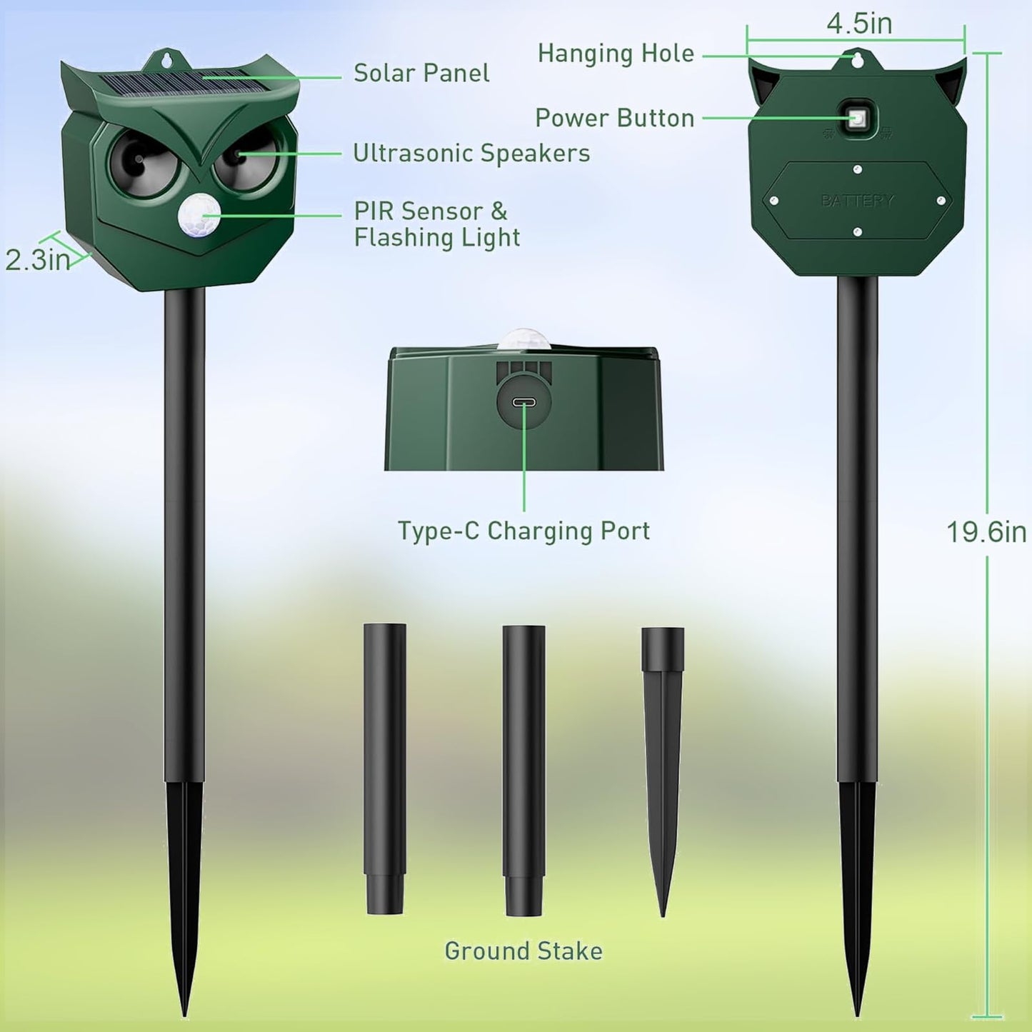 4 Pack Ultrasonic Animal Repeller with LED Strobe Lights - Outdoor Solar Powered for Squirrels, Deer, Raccoons, Rabbits, Skunks, Cats, Dogs - Protects Garden, Yard, Lawn, Farm & Crops
