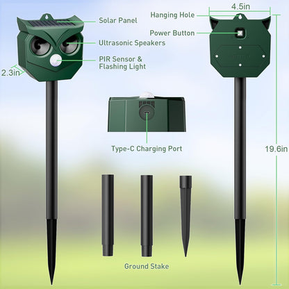 4 Pack Ultrasonic Animal Repeller with LED Strobe Lights - Outdoor Solar Powered for Squirrels, Deer, Raccoons, Rabbits, Skunks, Cats, Dogs - Protects Garden, Yard, Lawn, Farm & Crops