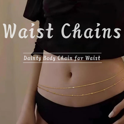 Gold Body Chain for Waist 2Pcs 14K Gold Plated Sexy Belly Chains for Women Beads Cuban Waist Chain Jewelry for Beach Accessories 26.77-52.36Inch