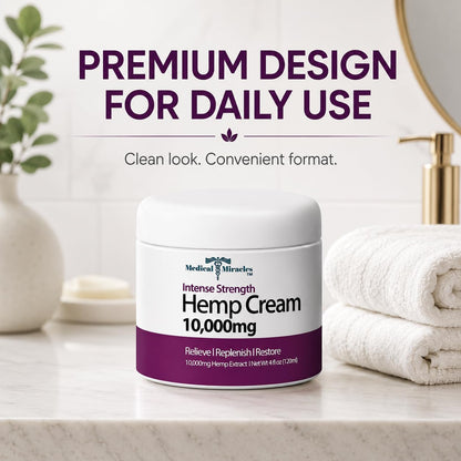 Medical Miracles 10,000mg Hemp Cream - High Potency Topical Formula - 4oz (120ml) Jar - Fast-Absorbing & Non-Greasy Moisturizing Cream with Natural Botanicals