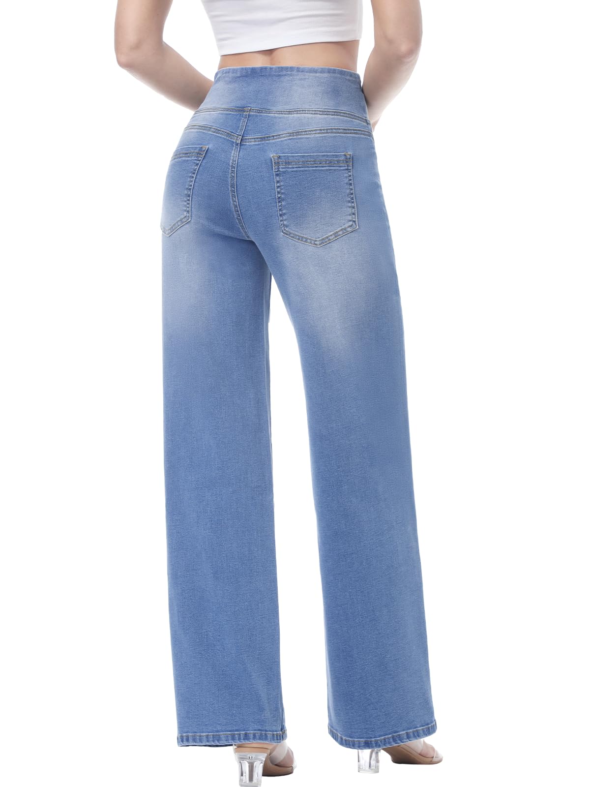 Chasehot Damen Jeans, Weites Bein, zum Reinschlüpfen, High Waist, Stretchy, Baggy, Trendy, Bauchkontrolle, Gerades Bein, Denim, Dunkelindigo Waschung-L