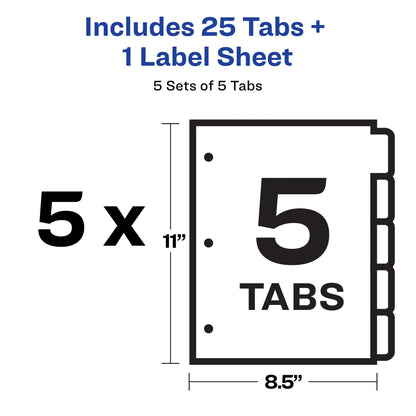 Avery 5 Tab Dividers for 3 Ring Binder, Easy Print & Apply Clear Label Strip, Index Maker Customizable White Tabs, 50 Sets (11556)