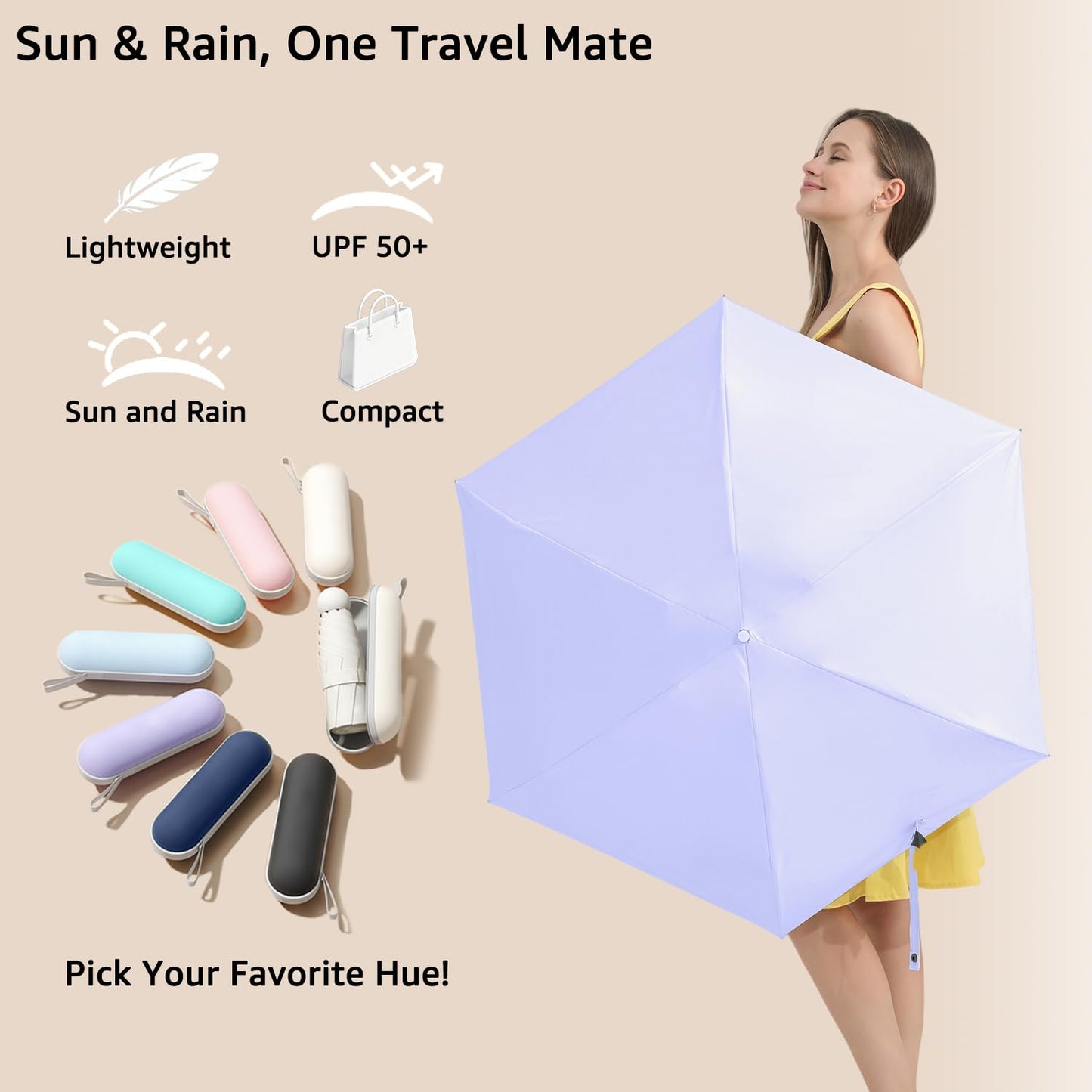 BAODINI Reiseutensilien Mini-Regenschirm für die Handtasche mit Etui Klein Kompakt UV-Sonnenschutz Leicht Winzig Tasche Manuelles Öffnen und Schließen Regenschirm für Damen, Kinder und Herren Passt in Handtasche Rucksack