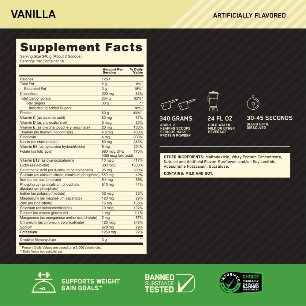 Optimum Nutrition Serious Mass Gainer Protein Powder, Banana, 12 Pound