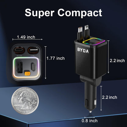 4-in-1 einziehbarer Auto-Ladegerät mit Sternenlicht, 69W USB-C Schnell-Ladegerät, für iPhone 17/16/15/14/13/12/11, Android, Pixel, Zigarettenanzünder-Ladegerät (Lightning+USB-C (Regular))