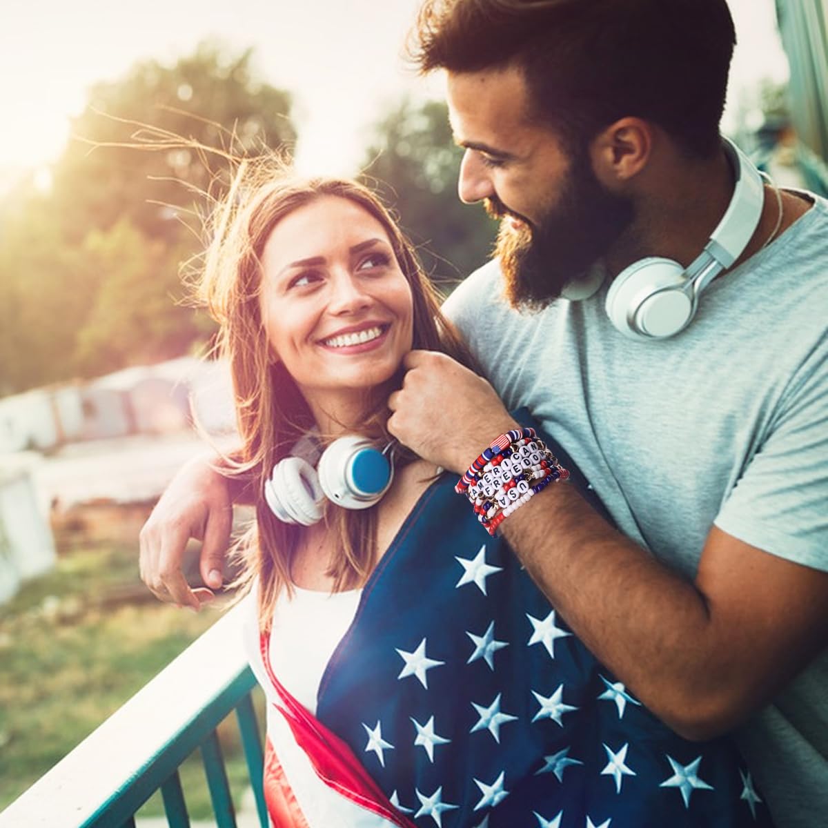250 Anniversary USA Merchandise 4th of July Outfits for Women Men Teens Red White Blue Clay Beaded Stretch Bracelets USA Patriotic Jewelry 4th of July Accessories