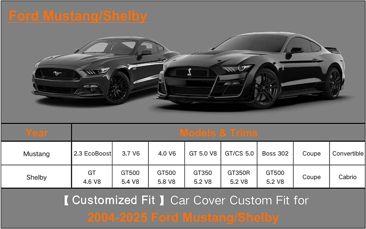 Kayme 6 Lagen Autoabdeckung, maßgeschneidert für Ford Mustang/Shelby (1964-2025), wasserdicht, für jedes Wetter, für Automobile, Outdoor, Vollschutz vor Regen, Sonne, UV-Strahlung. Silber