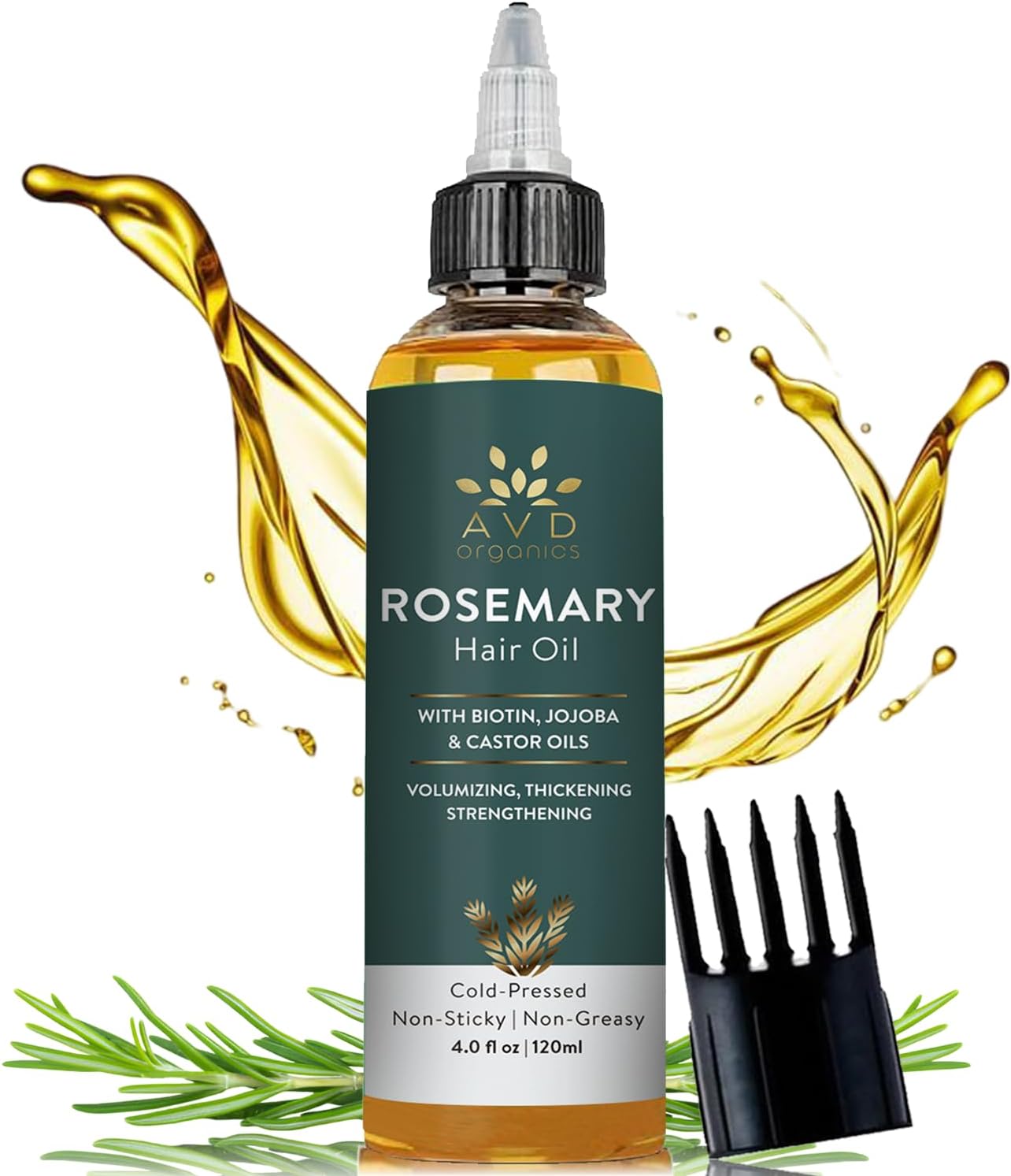AVD Organics Rosemary Oil for Hair Growth & scalp | Infused with Biotin | Hair Stregthening Nourishing and Volumizing | infused with Jojoba & Castor Oil | NON - GMO 120ml
